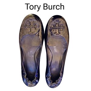 Tory Burch Navy Blue Leather Minnie Travel Ballet Flats